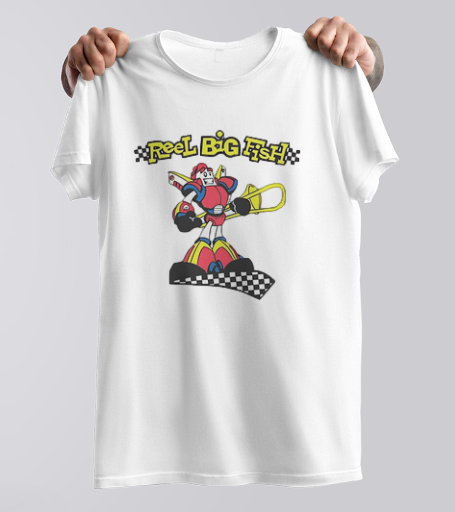 Reel Big Fish Robot Character With Trombone And Checkerboard T-Shirt