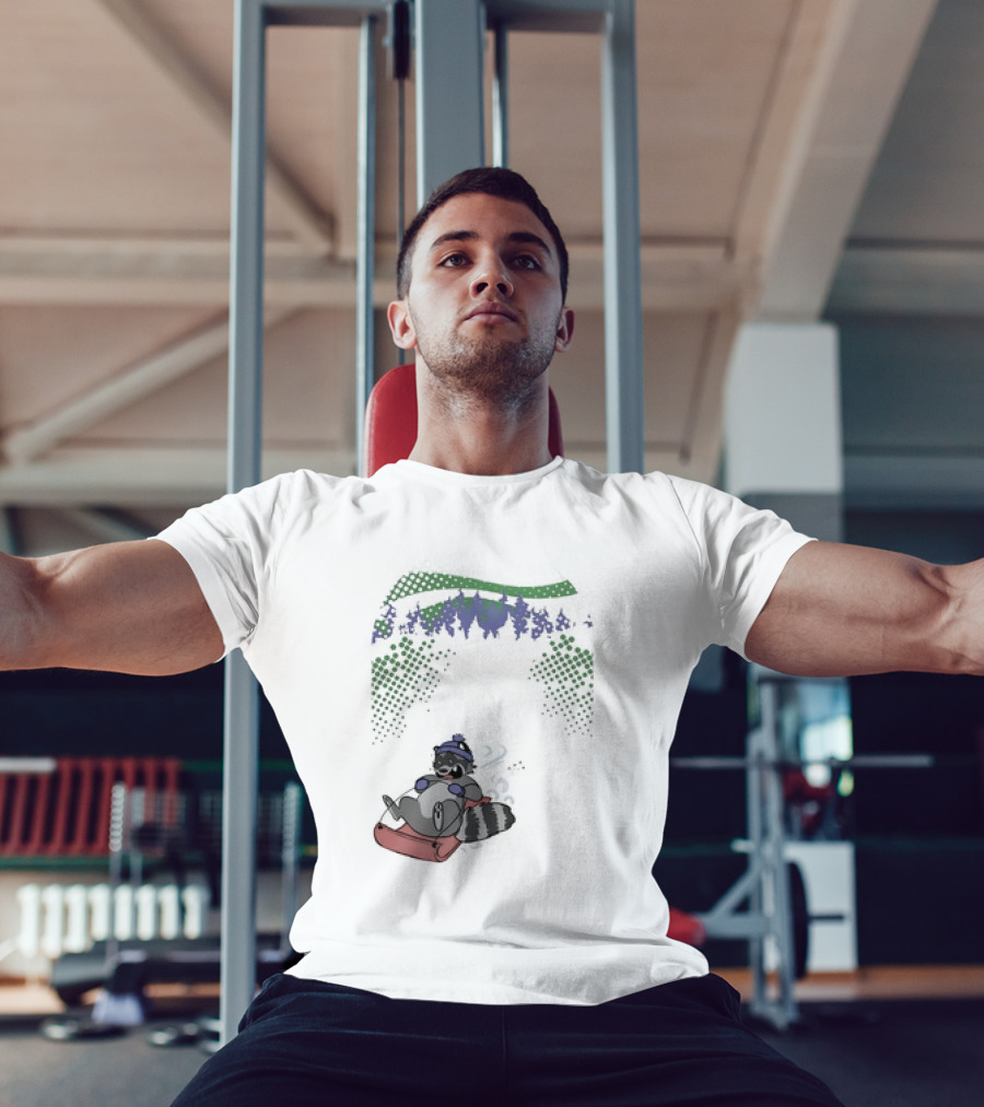 Raccoon Sledding In Winter Forest Scene With Evergreen Trees And Snowflakes T-Shirt