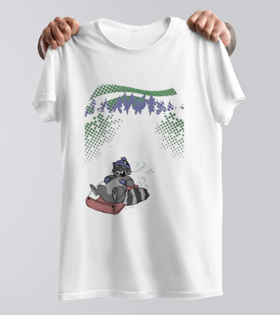 Raccoon Sledding In Winter Forest Scene With Evergreen Trees And Snowflakes T-Shirt
