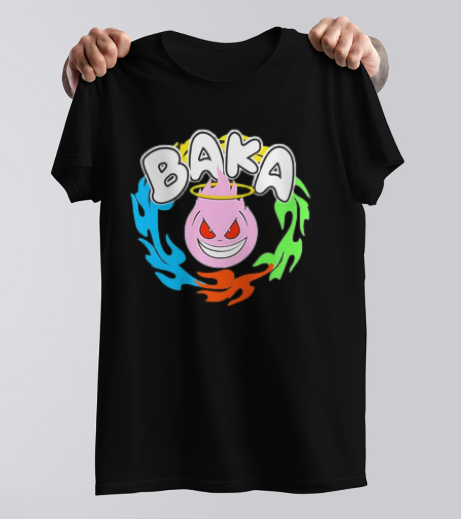 Baka Cartoon Flame With Mischievous Expression Surrounded By Colorful Fire Halo T-Shirt
