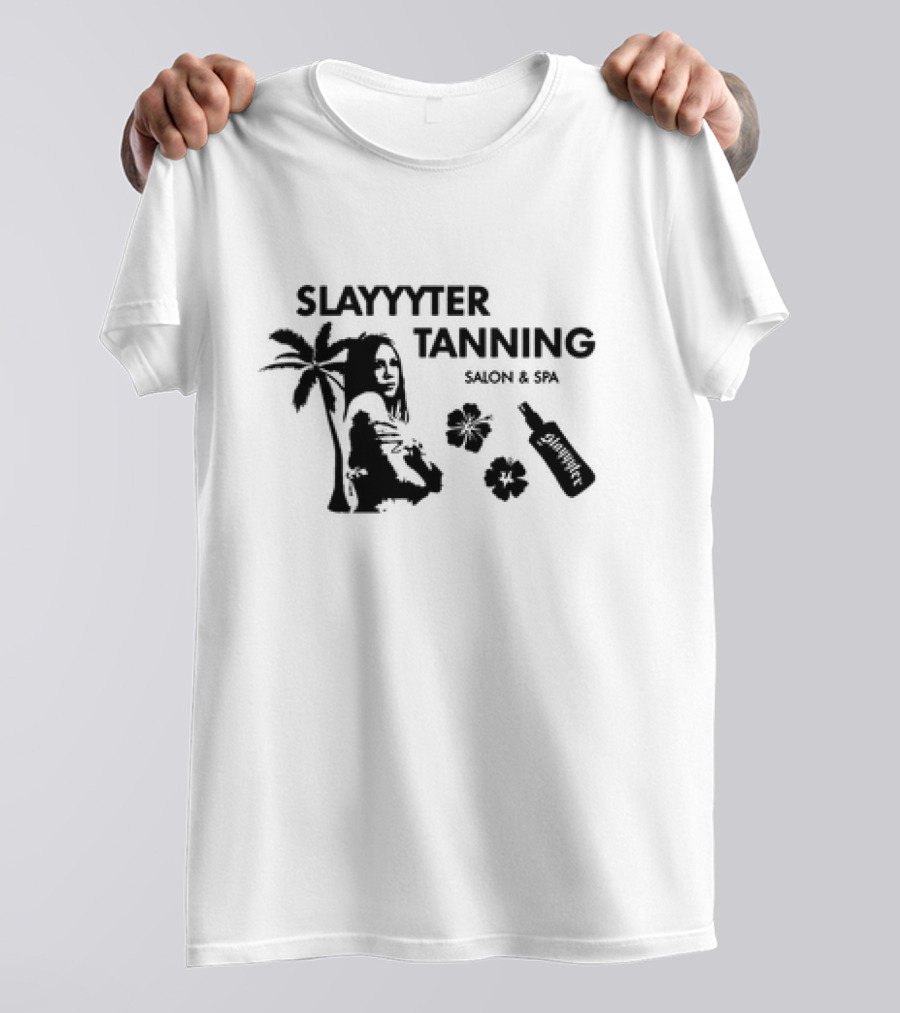Slayyyter Tanning Salon And Spa Palm Flowers And Lotion Bottle T-Shirt