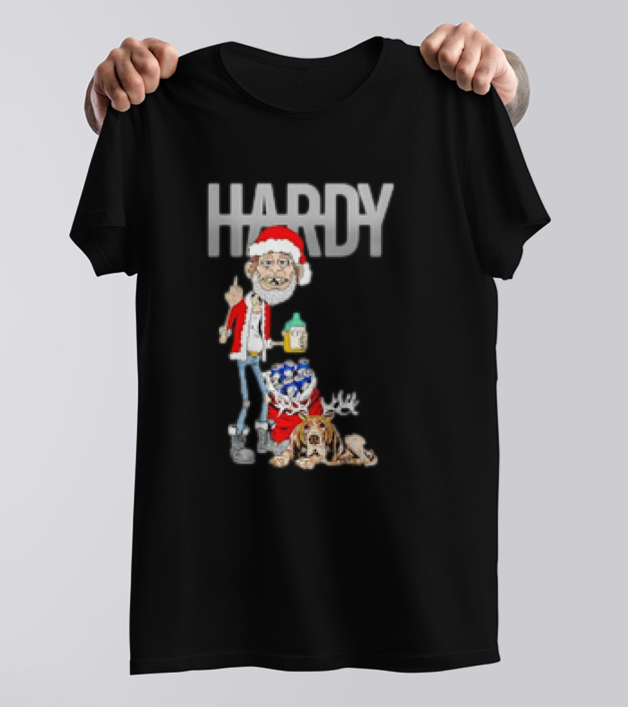 Hardy Jim Bob Holiday Christmas Santa With Beer And Reindeer Dog T-Shirt