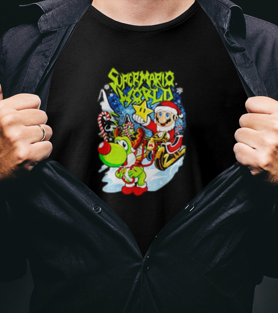 Super Mario World Santa Christmas Reindeer Sleigh Ride Scene T-Shirt