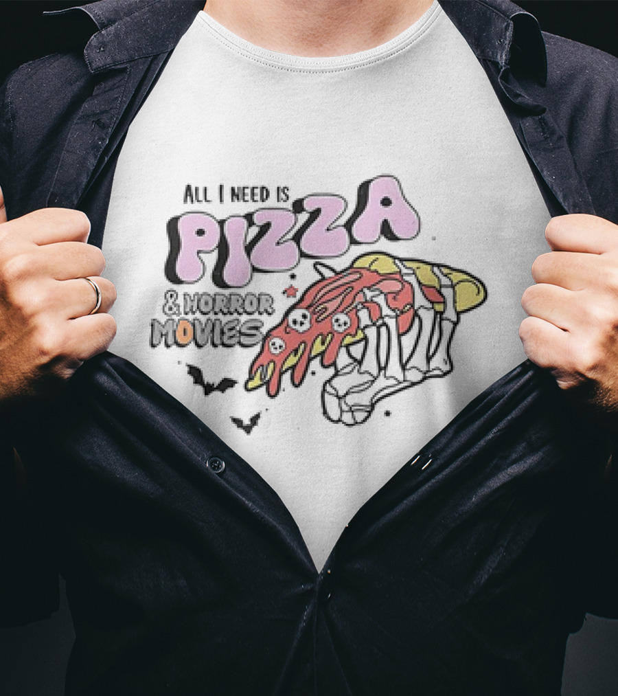 All I Need Is Pizza And Horror Movies Skeleton Hand With Bats And Skulls T-Shirt