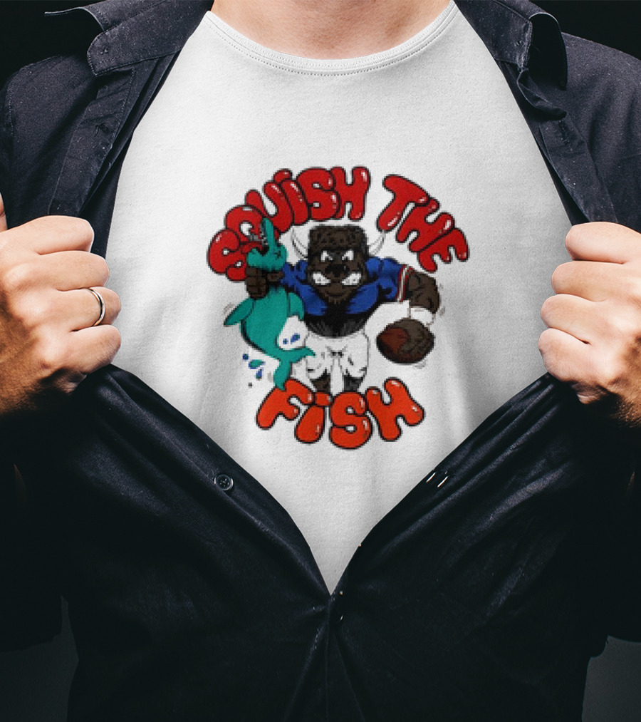 Homage Bills Squish The Fish Football Sports Graphic Cartoon T-Shirt