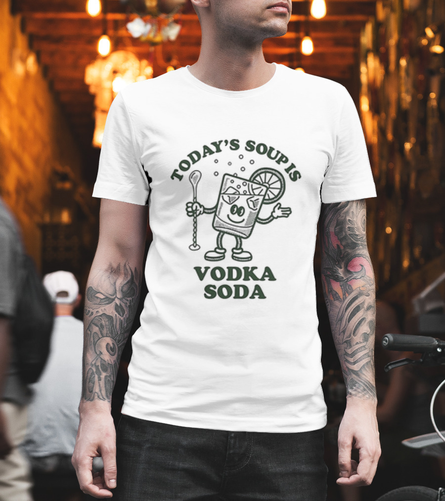 Today's Soup Is Vodka Soda Cartoon Glass Holding Stirrer With Lime Slice T-Shirt