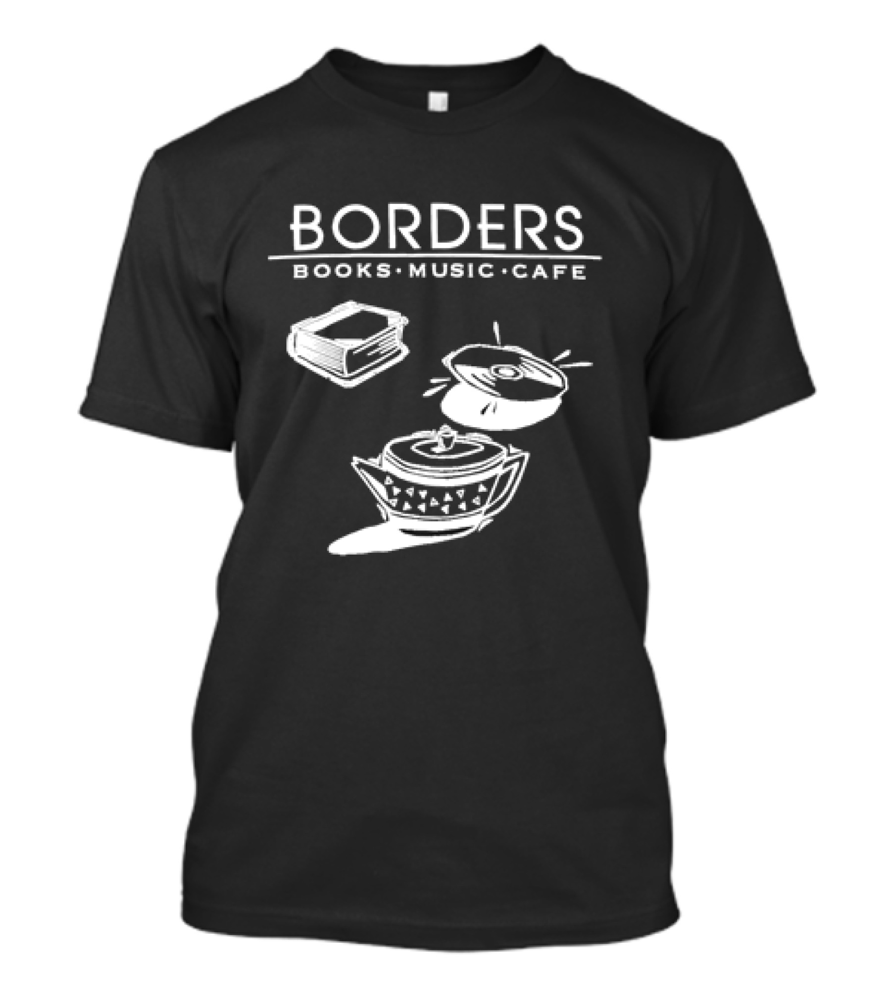 Borders Books Music Cafe Logo With Book, CD, And Teapot T-Shirt