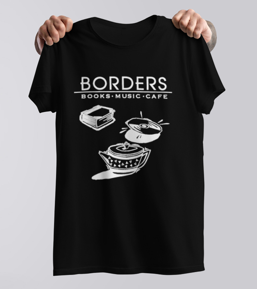 Borders Books Music Cafe Logo With Book, CD, And Teapot T-Shirt