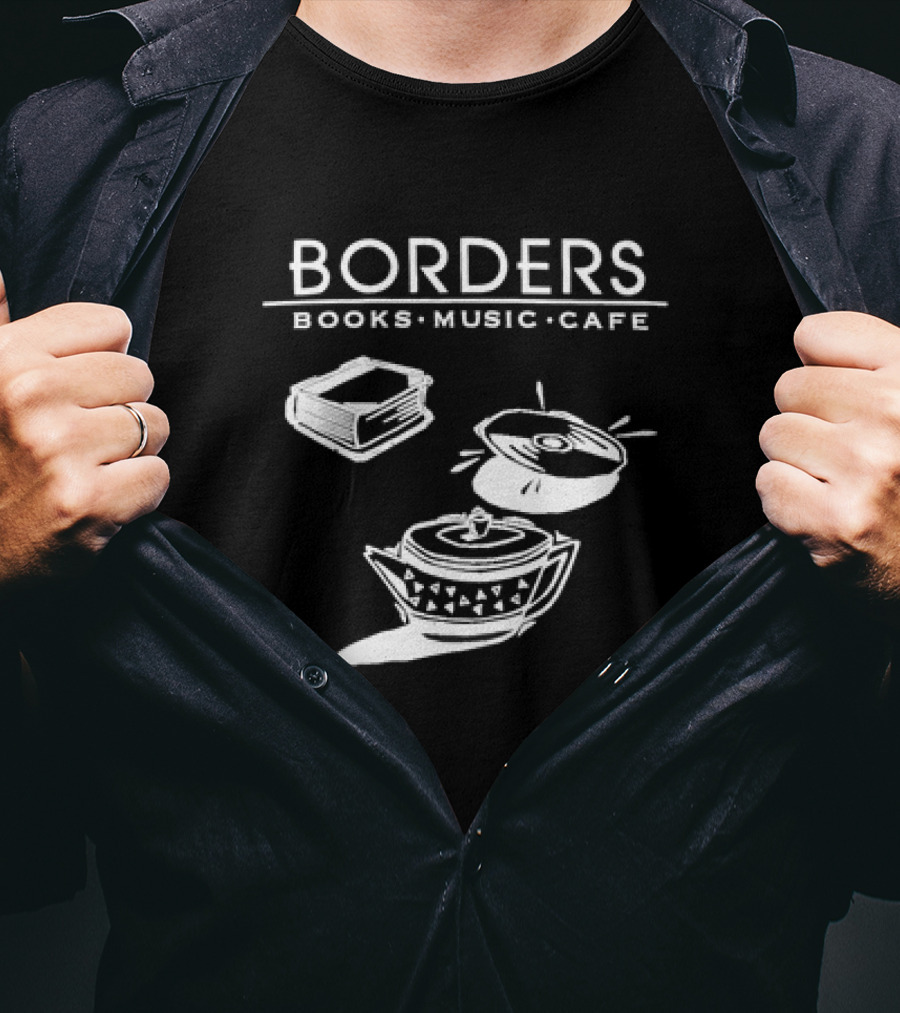 Borders Books Music Cafe Logo With Book, CD, And Teapot T-Shirt