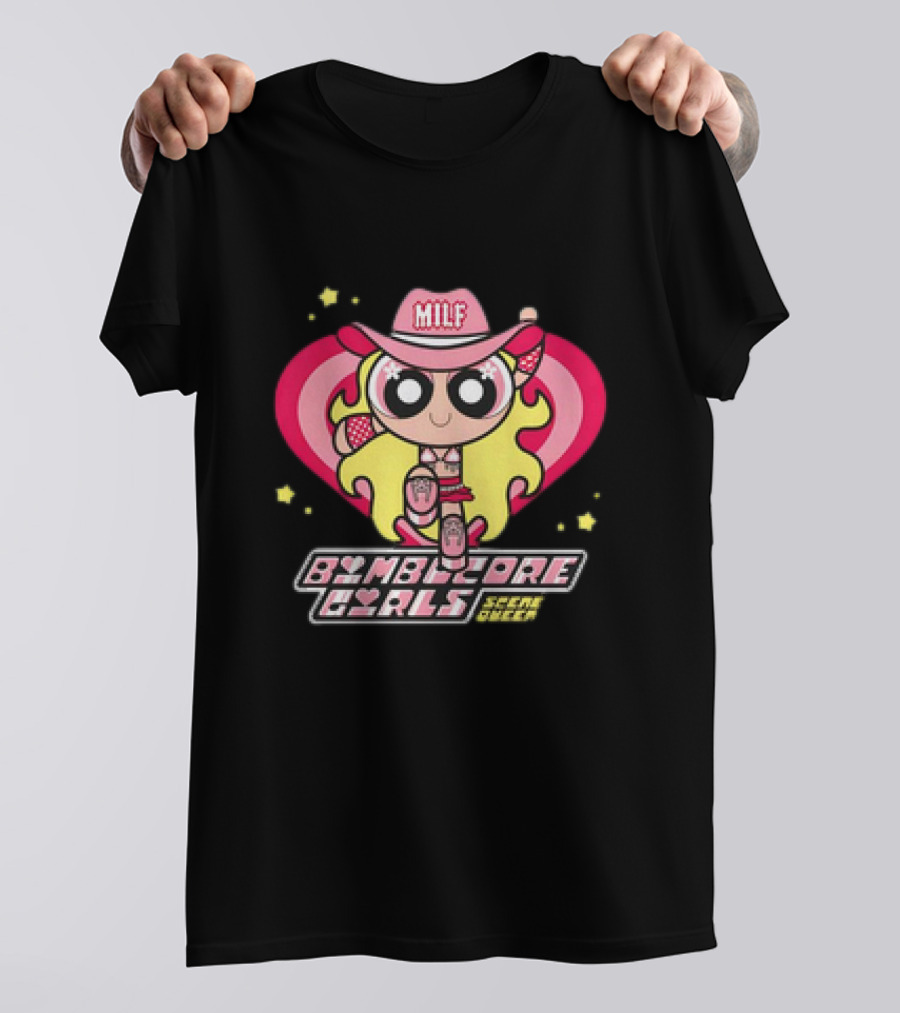 Bimbocore Girls Scene Queen Powerpuff MILF Cowboy Hat Pink Heart Flame T-Shirt