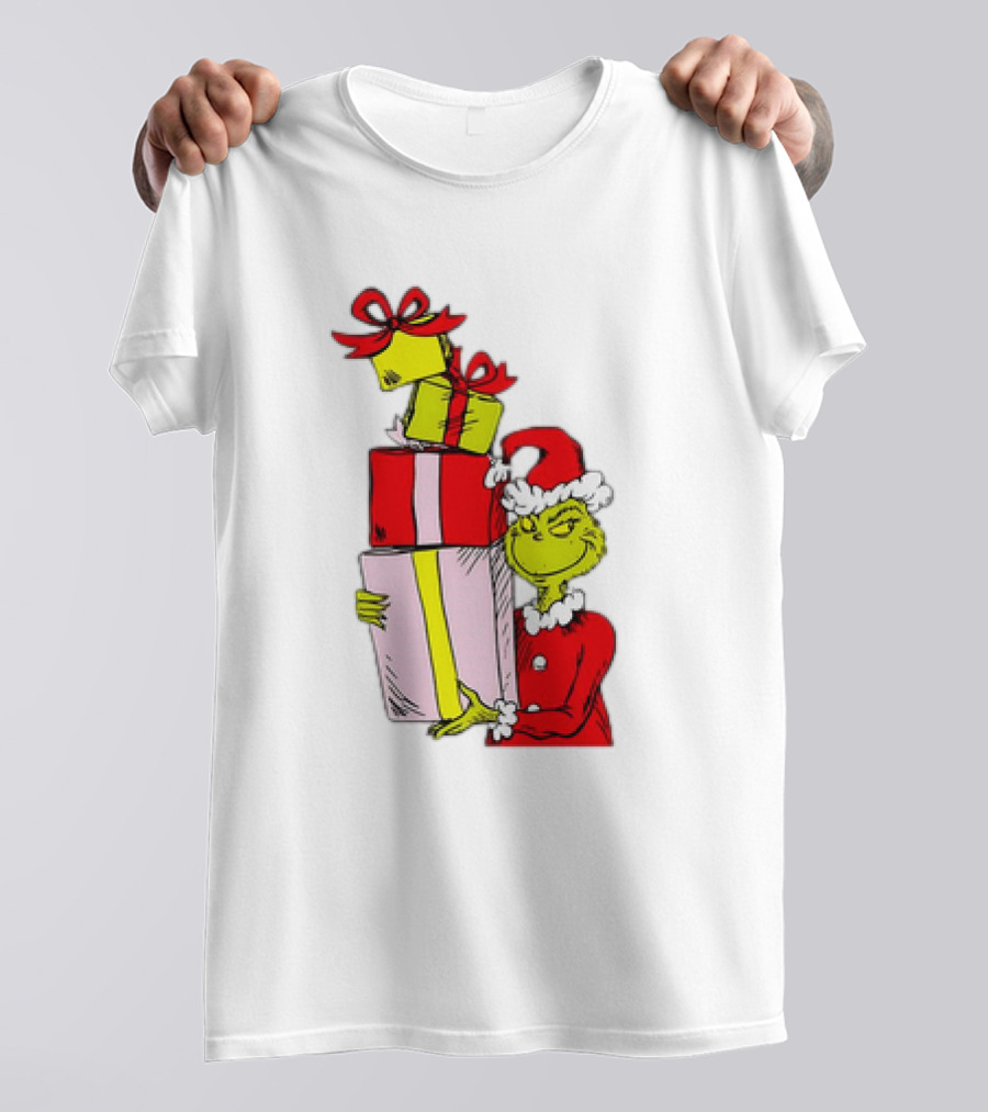 Grinch With Stacked Christmas Gifts Santa T-Shirt