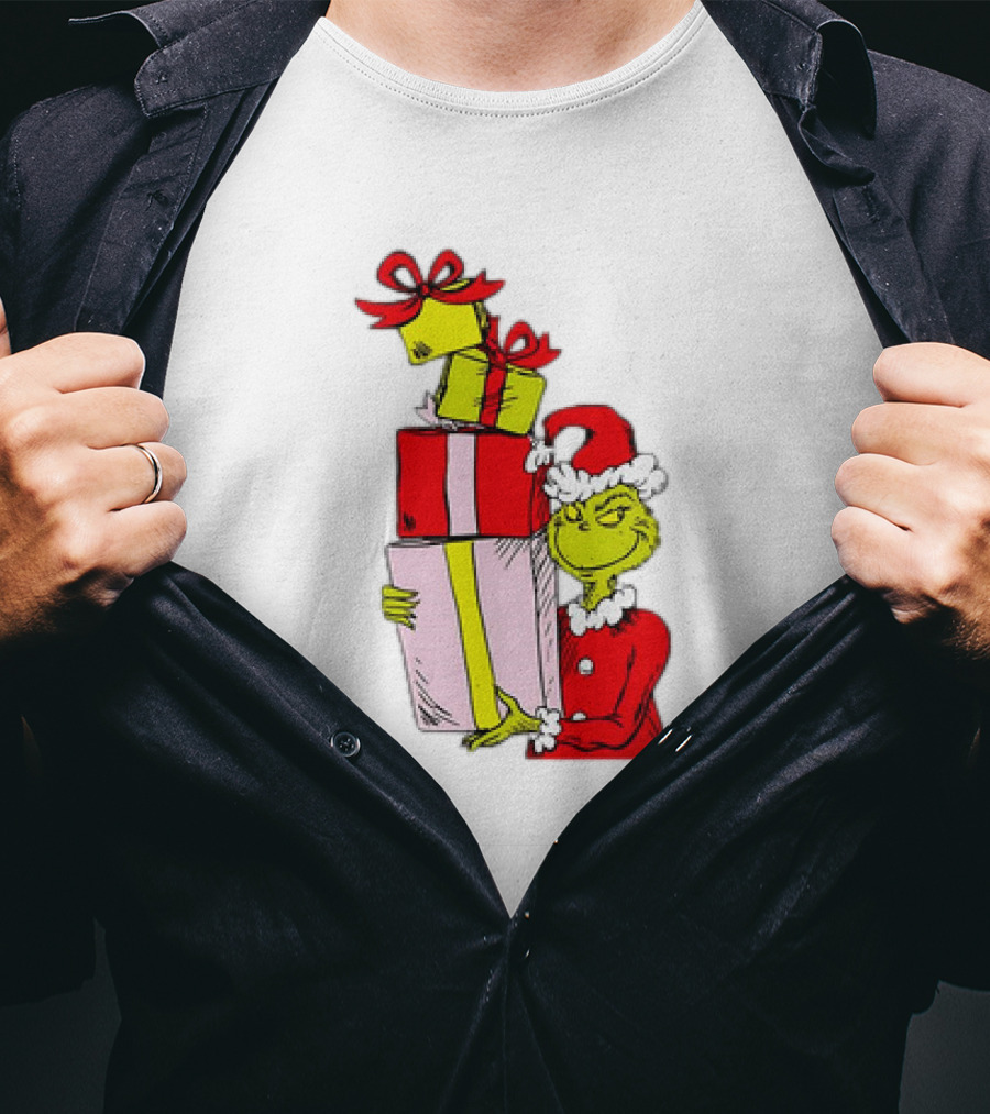 Grinch With Stacked Christmas Gifts Santa T-Shirt