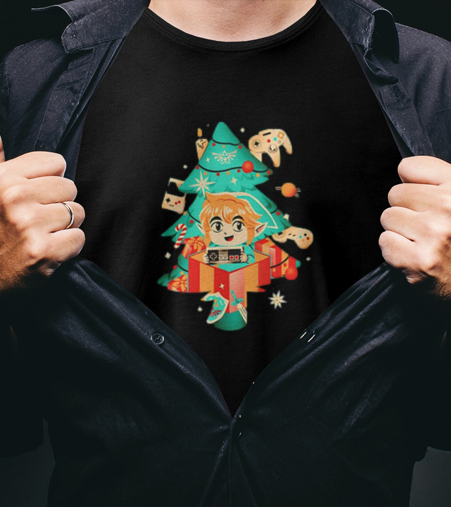 The Legend Of Zelda Link Nostalgic Christmas Tree With Video Game Controllers T-Shirt
