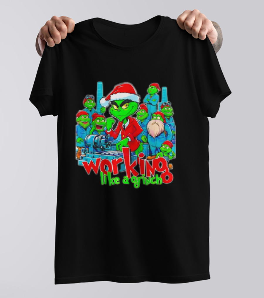 Working Like A Grinch Christmas Mechanic Santa Hat Crew T-Shirt