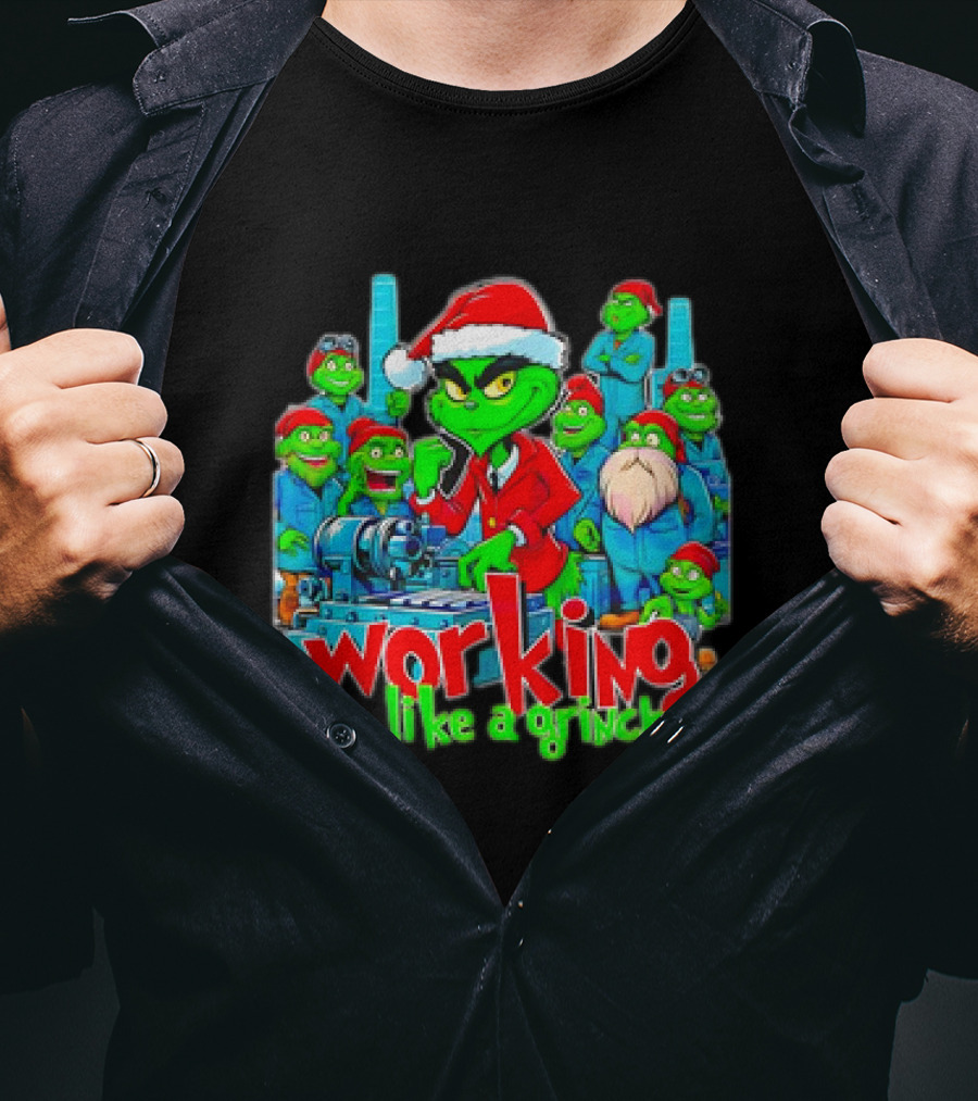 Working Like A Grinch Christmas Mechanic Santa Hat Crew T-Shirt