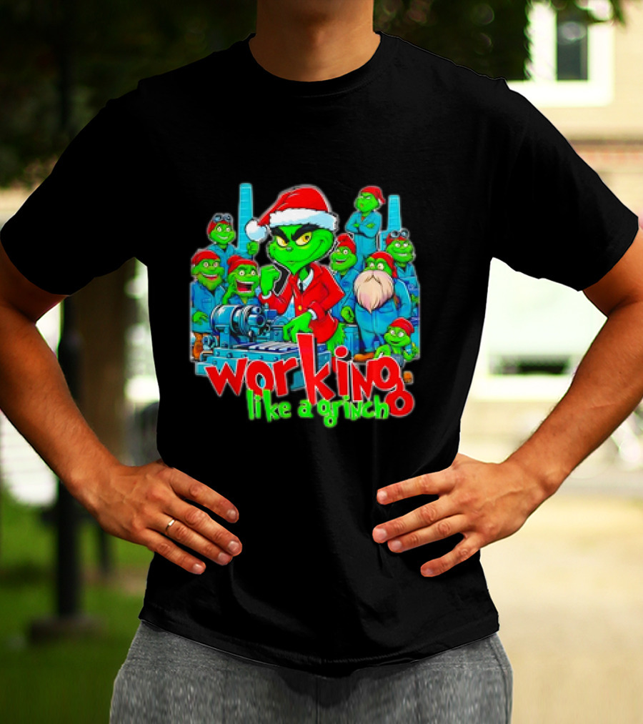 Working Like A Grinch Christmas Mechanic Santa Hat Crew T-Shirt