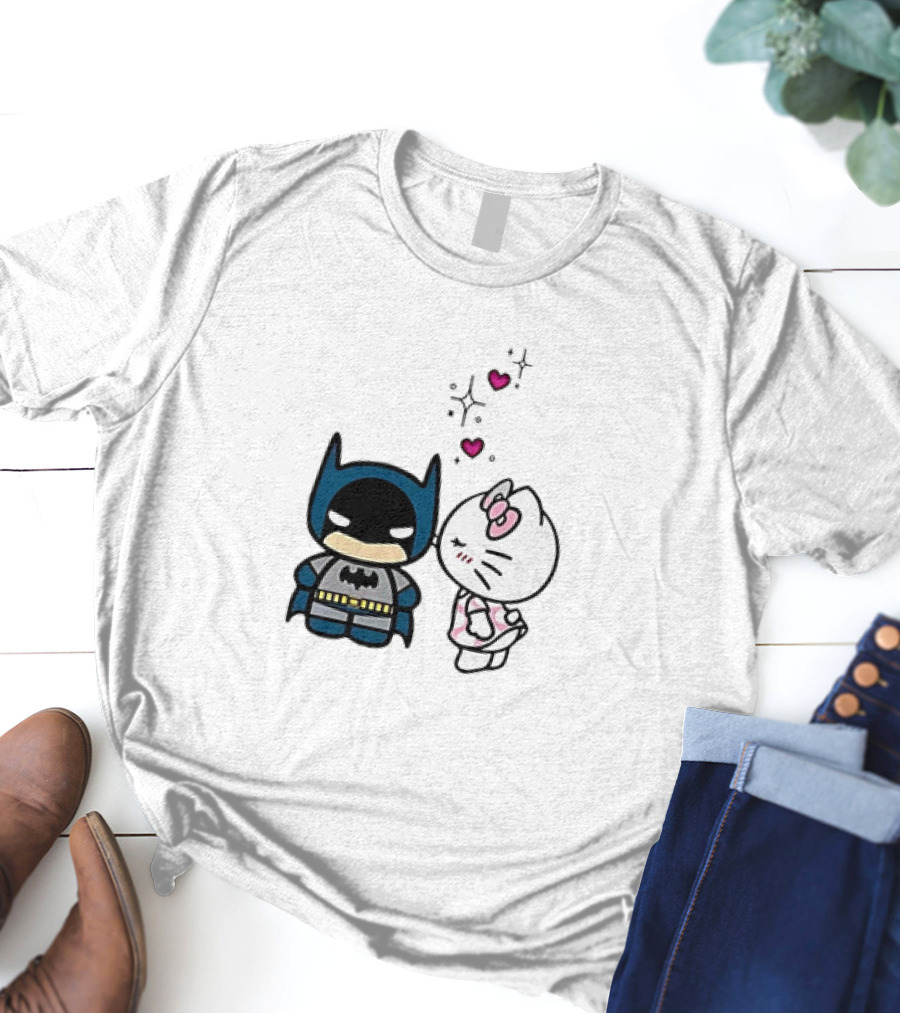 Hello Kitty Kissing Batman With Hearts And Sparkles T-Shirt
