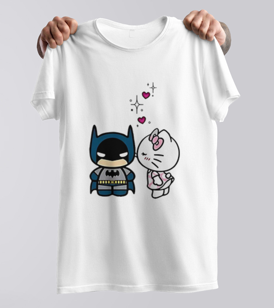 Hello Kitty Kissing Batman With Hearts And Sparkles T-Shirt