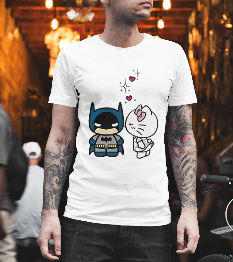 Hello Kitty Kissing Batman With Hearts And Sparkles T-Shirt
