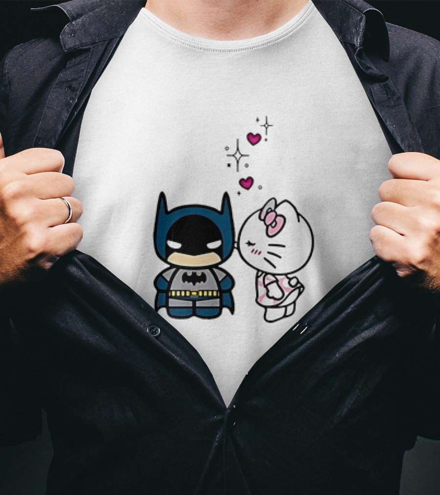 Hello Kitty Kissing Batman With Hearts And Sparkles T-Shirt