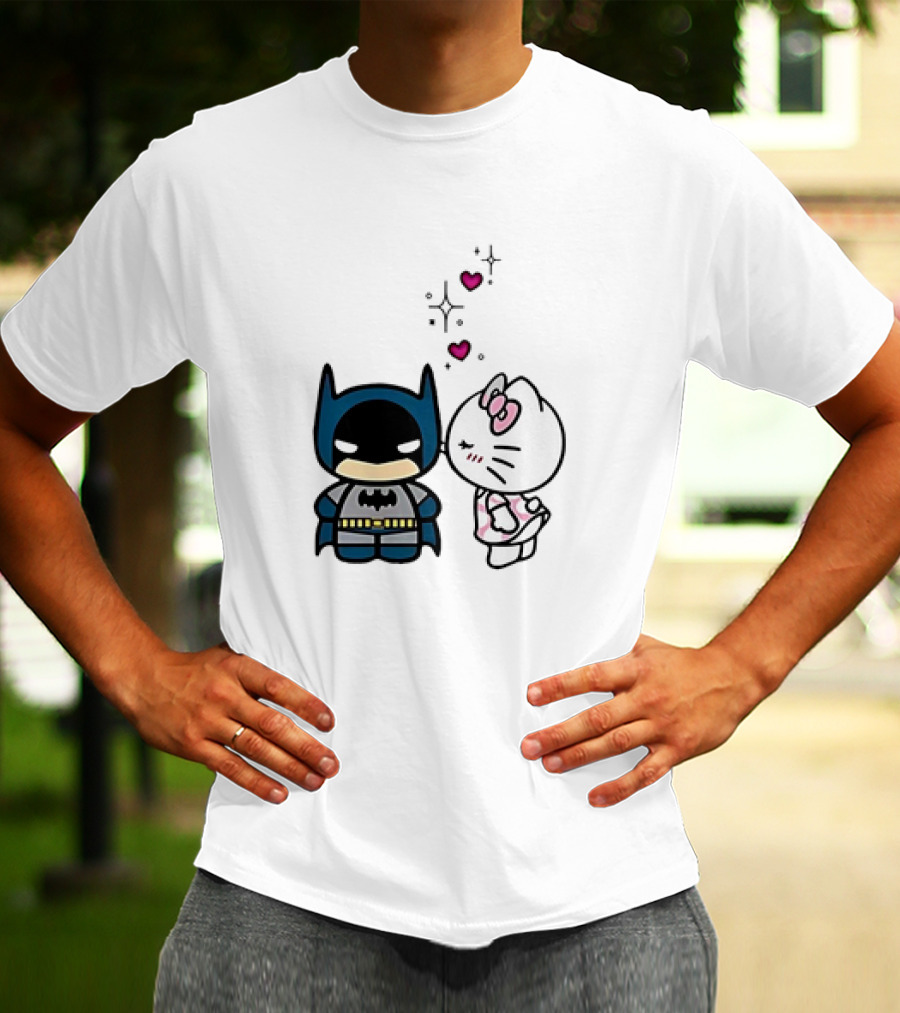 Hello Kitty Kissing Batman With Hearts And Sparkles T-Shirt