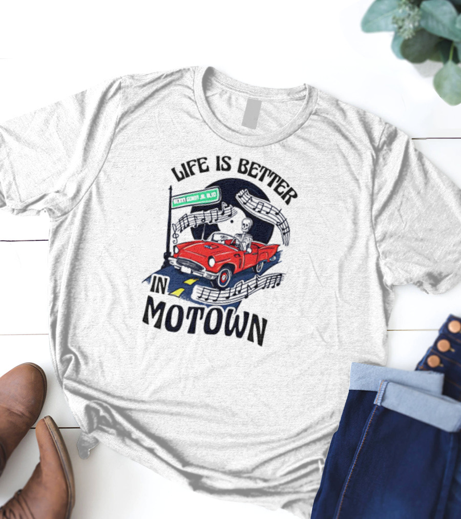 Life Is Better In Motown Skeleton Driver In Red Convertible With Musical Notes T-Shirt