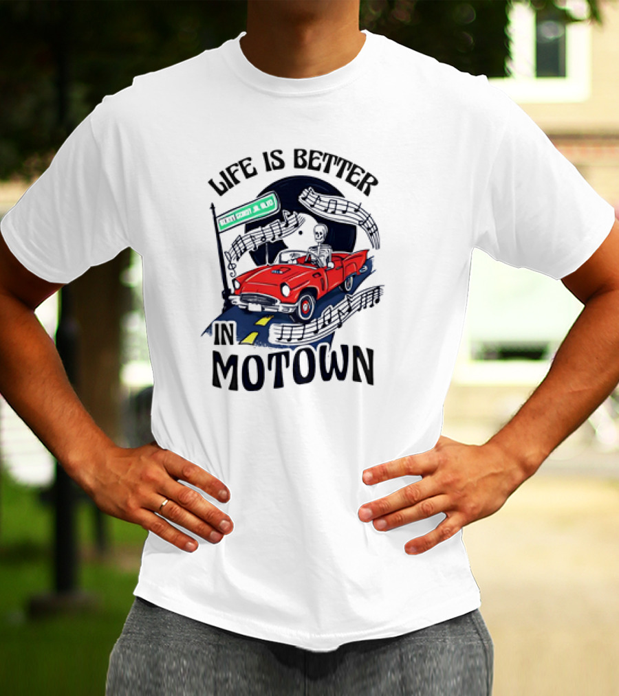 Life Is Better In Motown Skeleton Driver In Red Convertible With Musical Notes T-Shirt