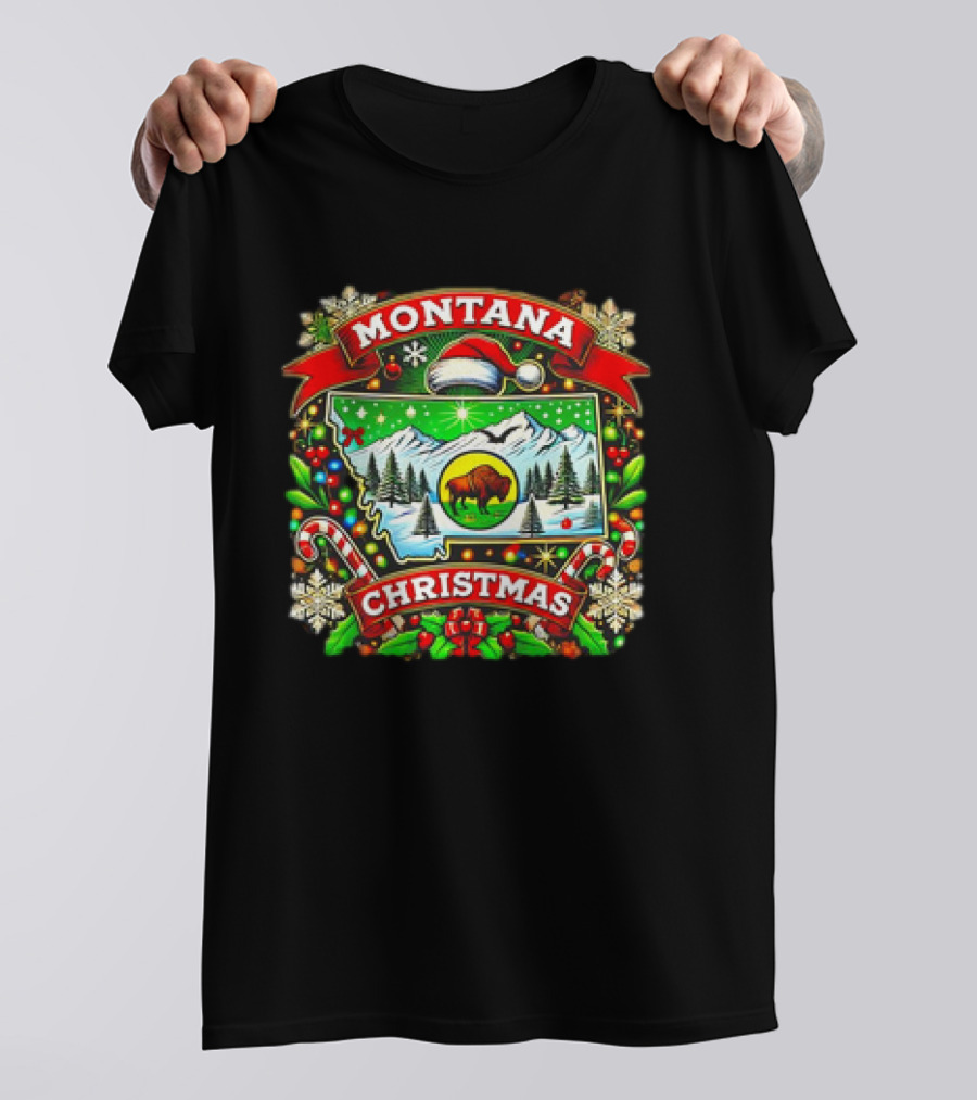 Montana Christmas Snowy Mountains And Buffalo Holiday Festive T-Shirt
