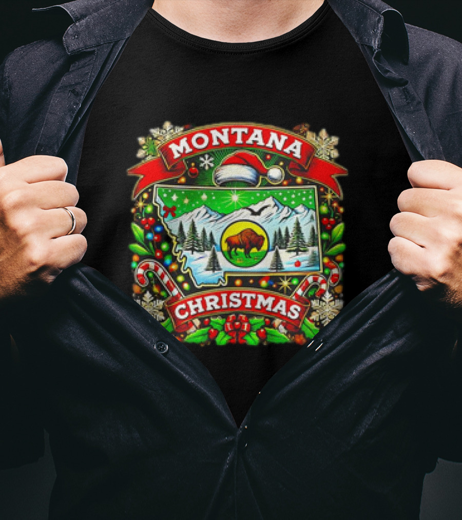 Montana Christmas Snowy Mountains And Buffalo Holiday Festive T-Shirt