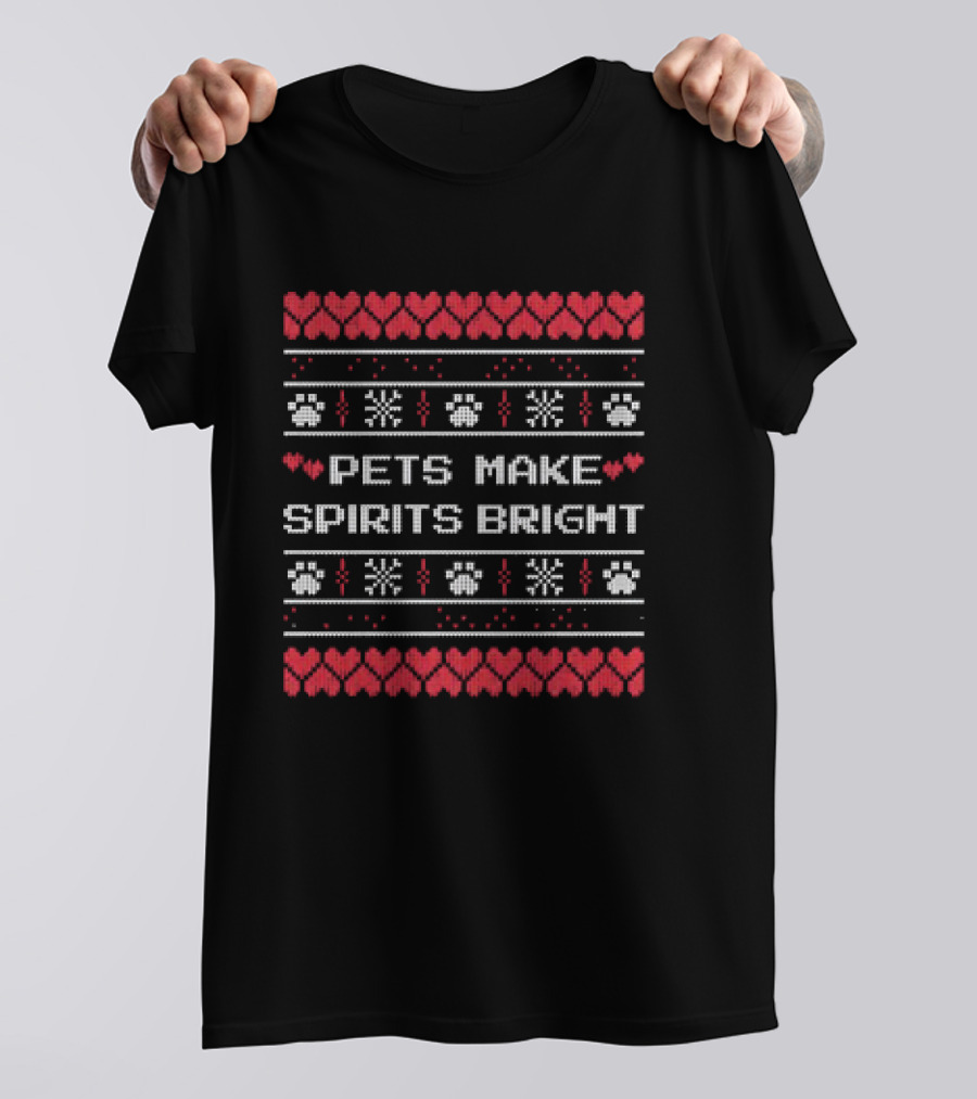 Pets Make Spirits Bright Christmas Ugly Sweater Paw Print Heart Snowflake T-Shirt