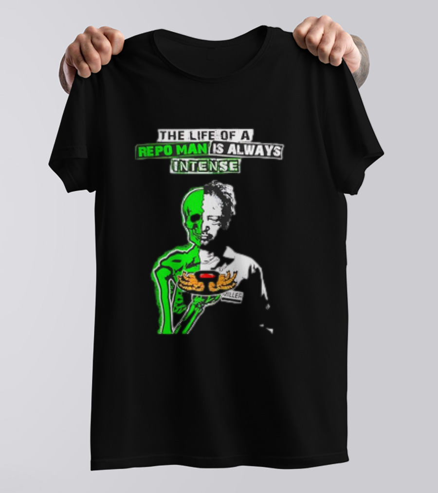 The Life Of A Repo Man Is Always Intense Skull Duality Neon Green Skeleton Black Hat Grim Reaper Delivery Pizza Box Killer T-Shirt