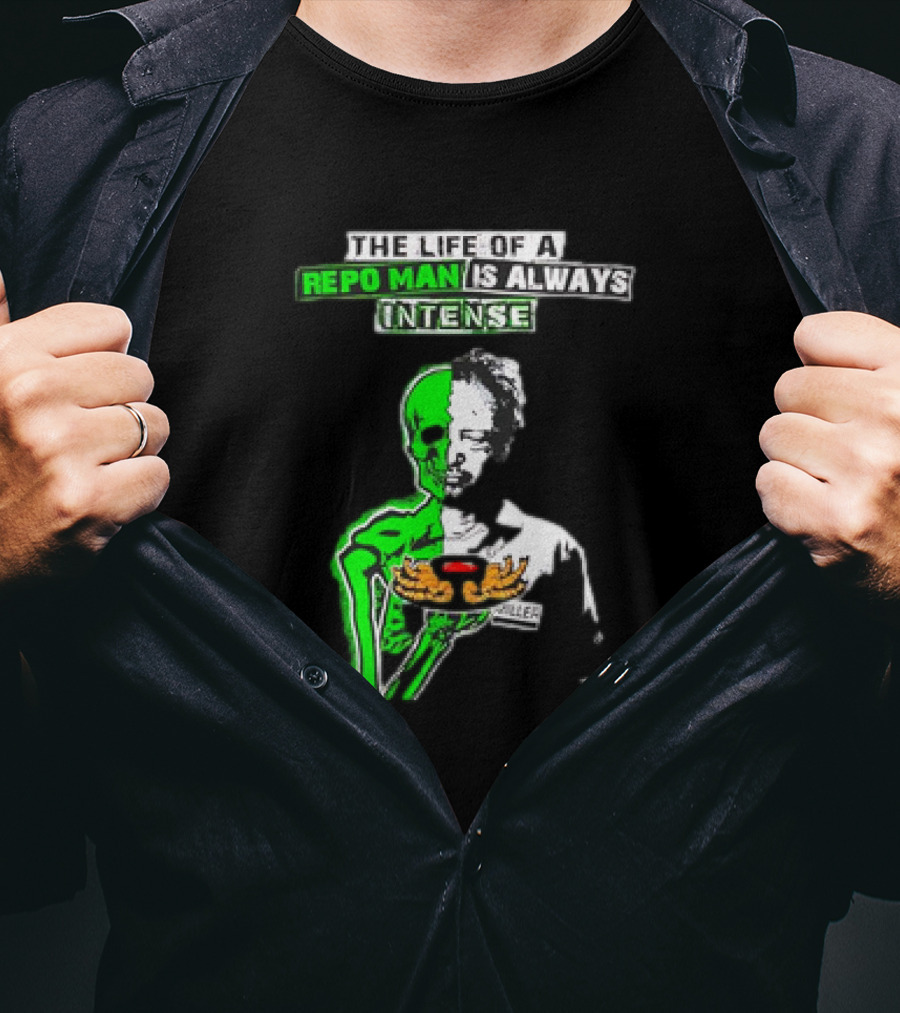The Life Of A Repo Man Is Always Intense Skull Duality Neon Green Skeleton Black Hat Grim Reaper Delivery Pizza Box Killer T-Shirt