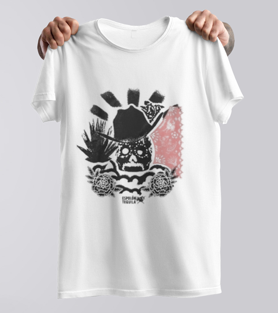 Los Espíritus Espolon Tequila Skull With Agave And Floral Elements T-Shirt