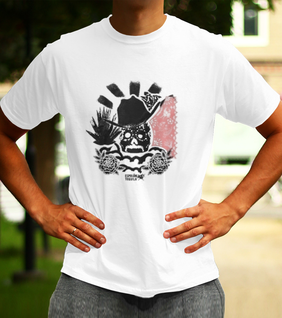 Los Espíritus Espolon Tequila Skull With Agave And Floral Elements T-Shirt