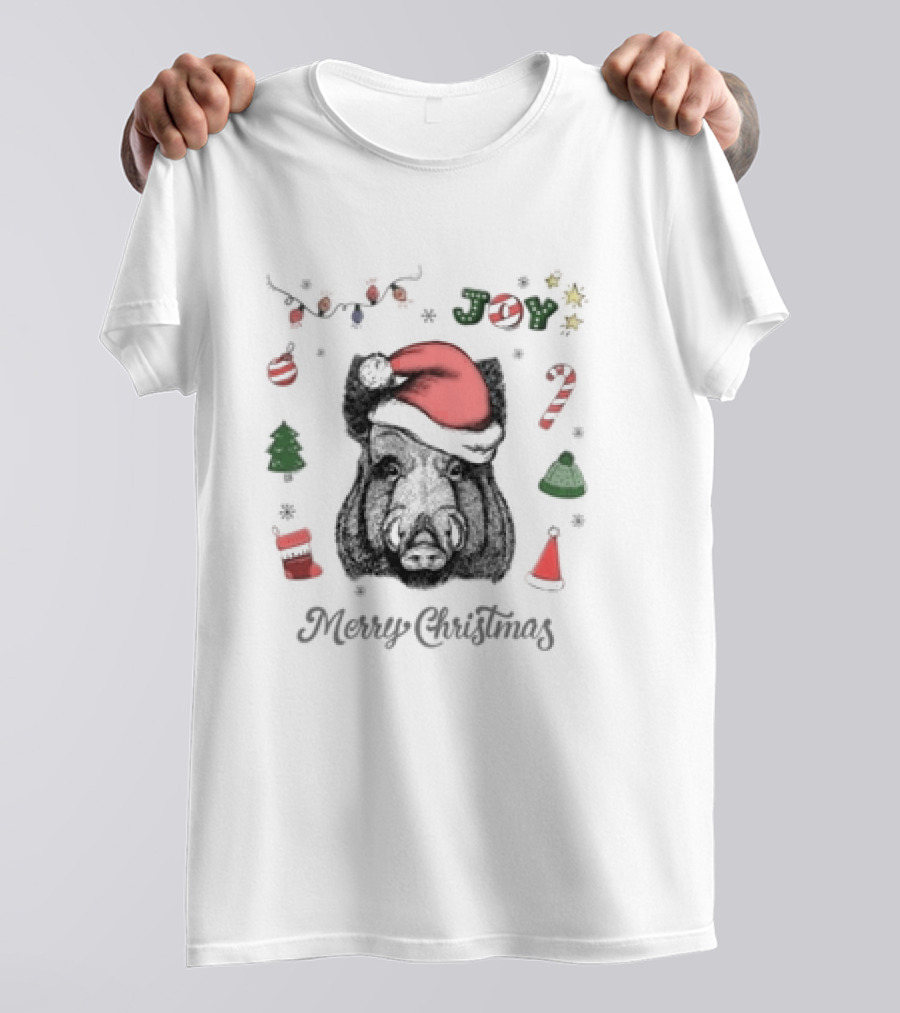 Boar Merry Christmas Joy With Santa Hat And Festive Icons T-Shirt