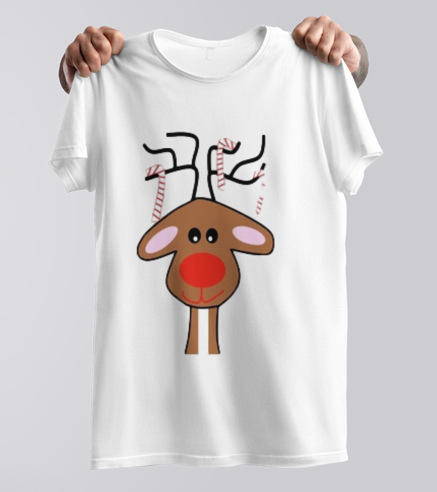 Red Nose Christmas Reindeer With Candy Cane Antlers T-Shirt