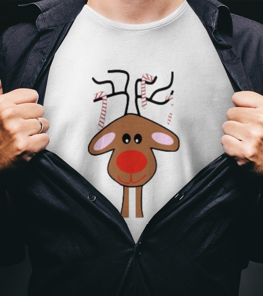 Red Nose Christmas Reindeer With Candy Cane Antlers T-Shirt