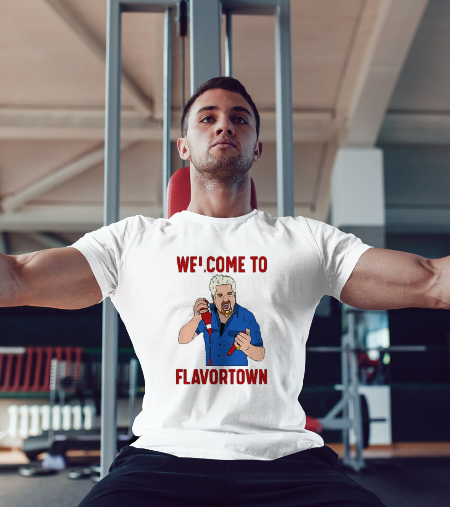 WECOME TO FLAVORTOWN Flavortown Guy Character Cartoon Blue Shirt Red Bottles T-Shirt