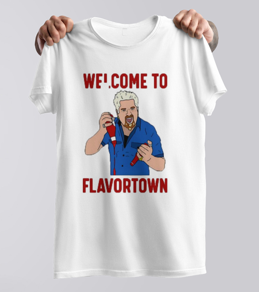 WECOME TO FLAVORTOWN Flavortown Guy Character Cartoon Blue Shirt Red Bottles T-Shirt