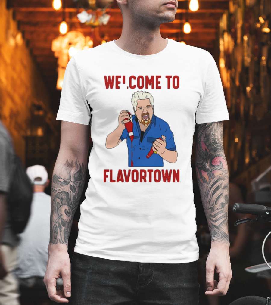 WECOME TO FLAVORTOWN Flavortown Guy Character Cartoon Blue Shirt Red Bottles T-Shirt
