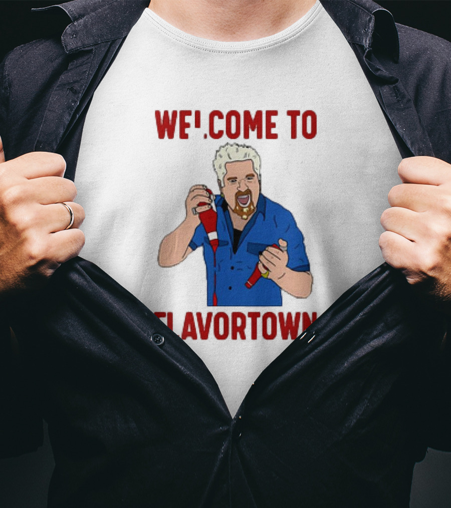 WECOME TO FLAVORTOWN Flavortown Guy Character Cartoon Blue Shirt Red Bottles T-Shirt