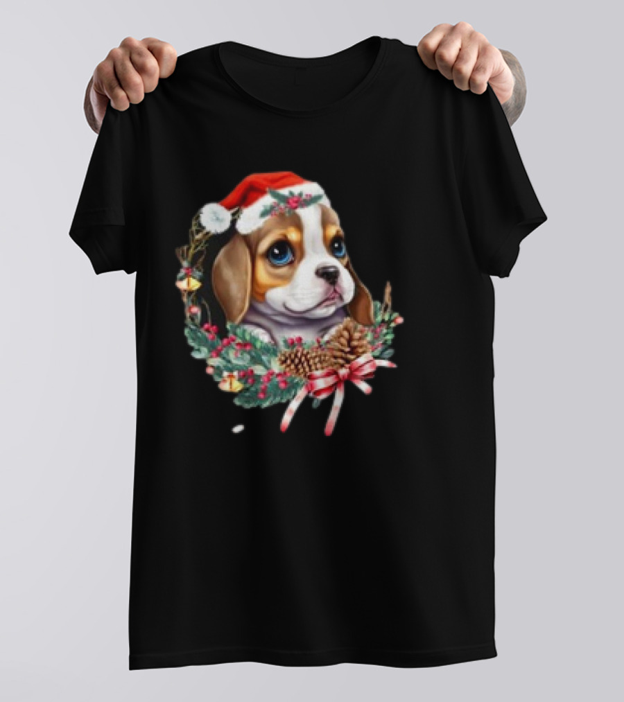 Christmas Beagle With Santa Hat And Holiday Wreath T-Shirt