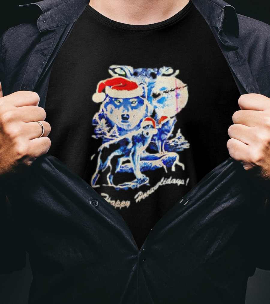 Happy Howlidays Wolves Santa Hats Christmas T-Shirt