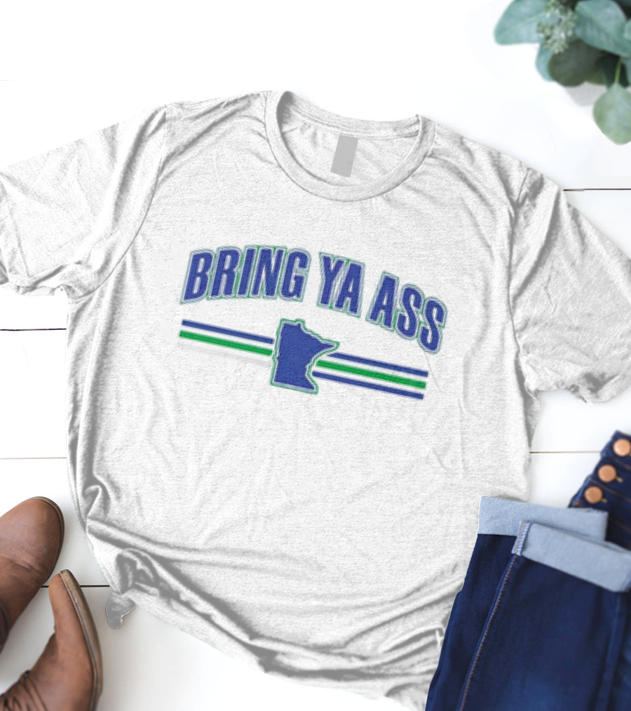 Bring Ya Ass Team Minnesota Outline Хоккейный поиск – Green Blue Stripes T-Shirt