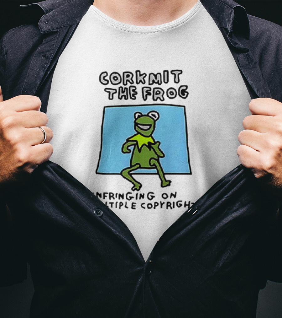 Corkmit The Frog Infringing On Multiple Copyrights Green Frog Cartoon With Blue Background T-Shirt