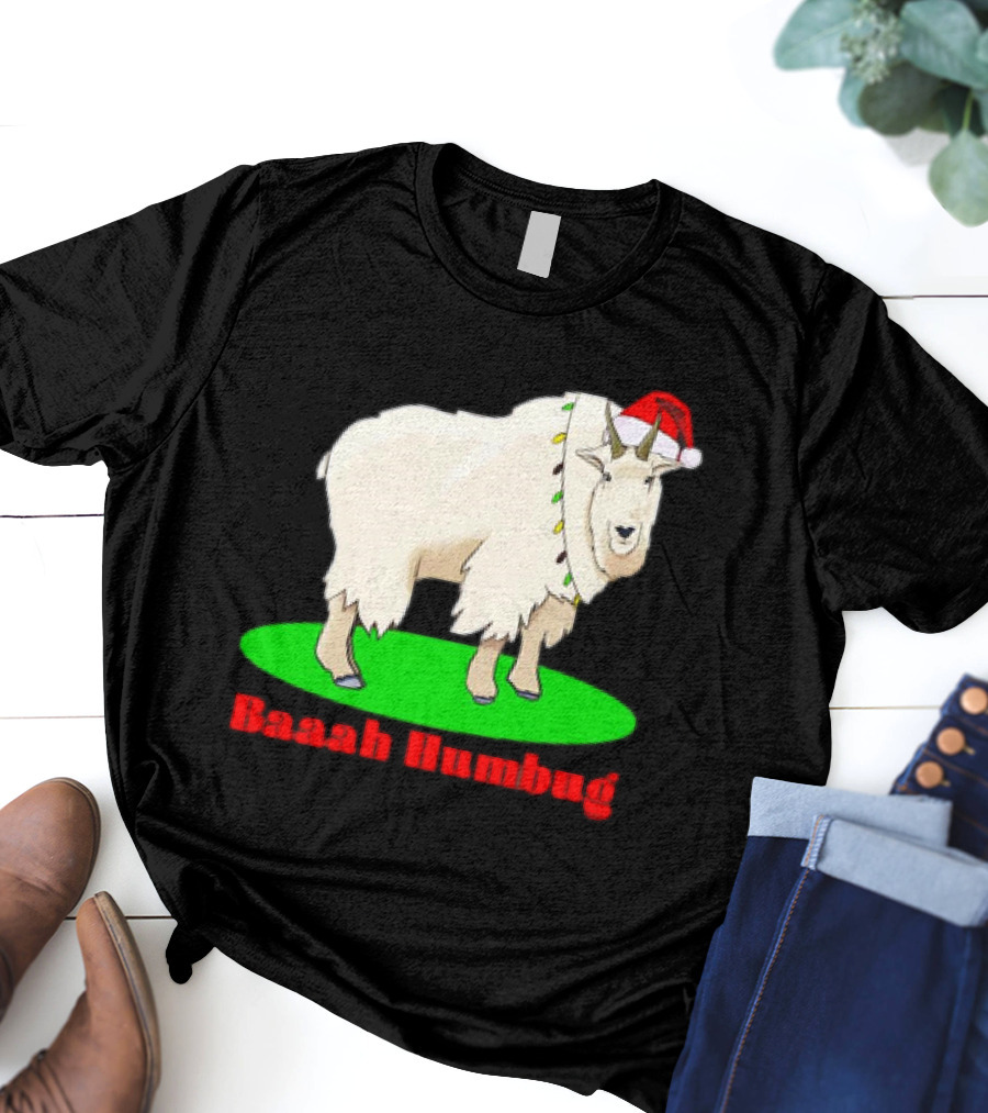 Baaah Humbug Goat With Santa Hat Holiday Lights T-Shirt