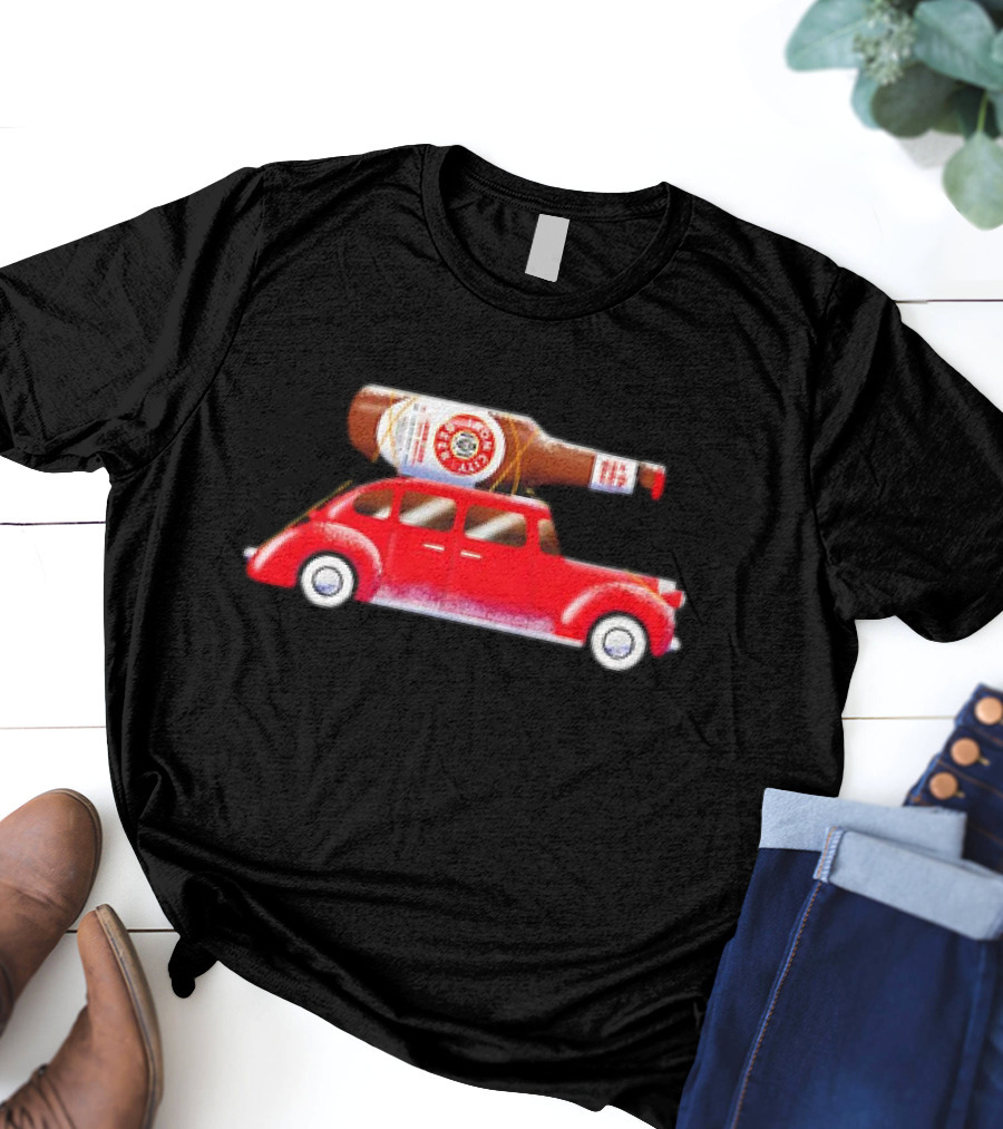 Iron City Beer Bottle On Red Vintage Car Holiday T-Shirt