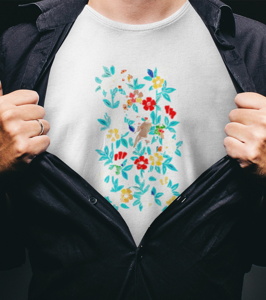 Fowl And Flower Vintage Pattern Print T-Shirt