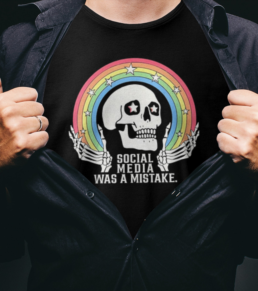 Skull Social Media Was A Mistake Rainbow Retro Stars T-Shirt