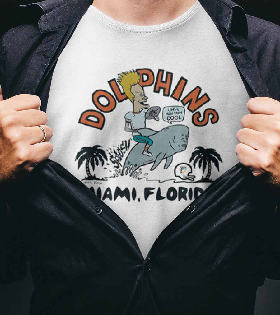 Beavis And Butt-Head Riding Dolphin Miami Florida Dolphins Uhh Huh Huh Cool T-Shirt